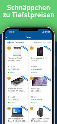 Screenshot der Geizhals App mit Beschriftung Schnäppchen zu Tiefstpreisen