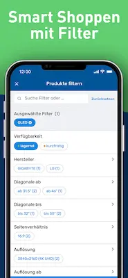 Screenshot der Geizhals App mit Beschriftung Smart Shoppen mit Filter