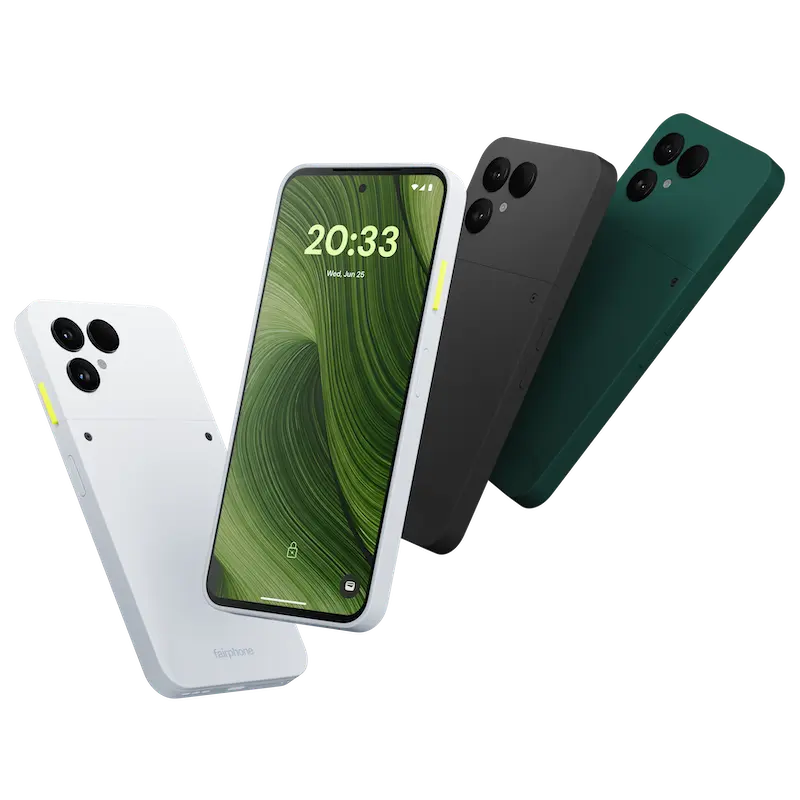Das Fairphone Gen. 6 in den Farben weiß, schwarz und grün