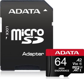 ADATA High-Endurance R100/W80 microSDXC 64GB Kit, UHS-I U3, A2, Class 10 (AUSDX64GUI3V30SHA2-RA1)