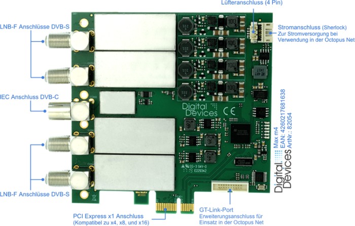 Digital Devices Max M4, DVB-S2/T2/C2/S/T/C/ISDB-S/T/C Quad-Tuner, PCIe x1