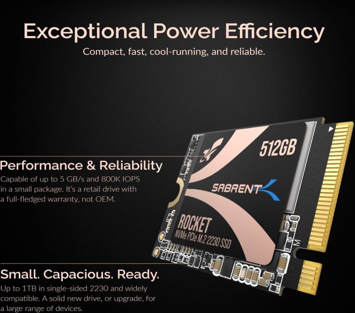Sabrent Rocket 2230 512GB, M.2 2230 / M-Key / PCIe 4.0 x4