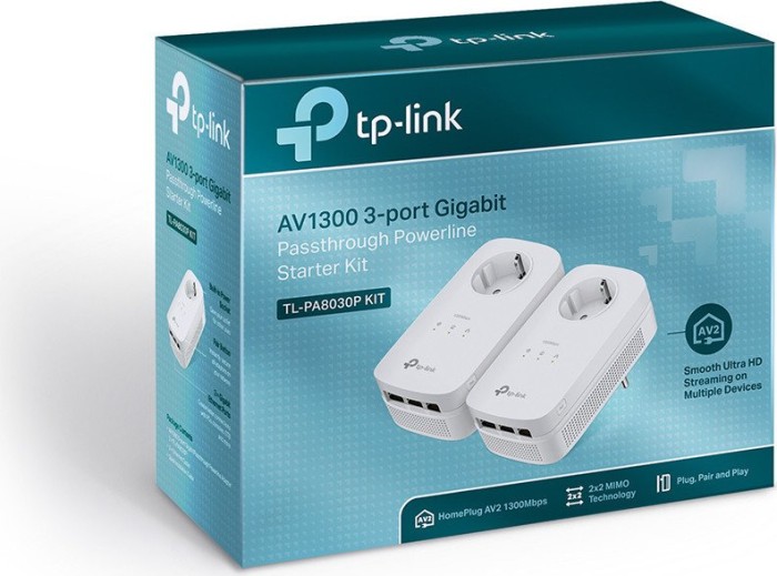 TP-Link Powerline AV1300 Passthrough Starter Kit, HomePlug AV2, 3x RJ-45, 2er-Pack