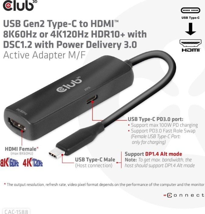 Club 3D USB-C [wtyczka] na HDMI 2.1 [gniazdko], 4K120Hz HDR10 with DSC 1.2 Active adapter M/F
