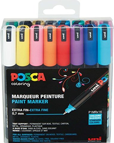  Posca Uni PC-1MR Assorted Colour Pack Paint Marker Pens Ultra  Fine 0.7mm Calibre Tip Nib Writes On Any Surface Glass Metal Wood Plastic  Fabric (1 of Each Colour - 16 Pens) 