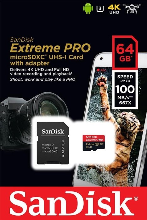 SanDisk Extreme PRO R100/W90 microSDXC 64GB Kit, UHS-I U3, A1, Class 10