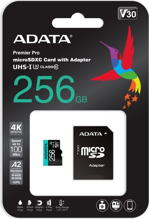 ADATA Premier Pro R100/W80 microSDXC 256GB Kit, UHS-I U3, A2, Class 10