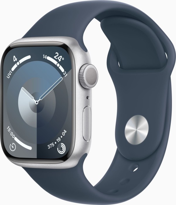 Apple Watch Series 9 (GPS) 41mm Aluminium silber mit Sportarmband S/M sturmblau