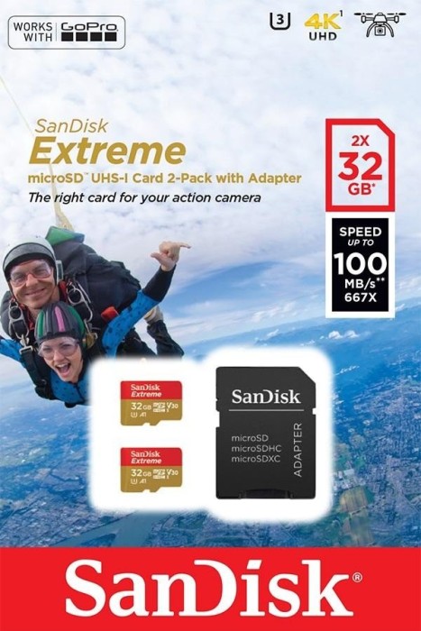 SanDisk Extreme R100/W60 microSDHC 32GB Kit, UHS-I U3, A1, Class 10, sztuk 2