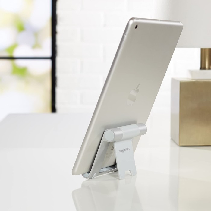 AmazonBasics przenośny ustawiany stojak na tablety i Smartphones, 4-10", srebrny