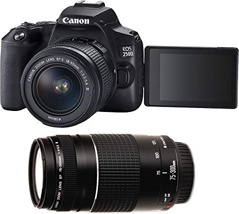 Canon EOS 250D schwarz mit Objektiv EF-S 18-55mm und 75-300mm
