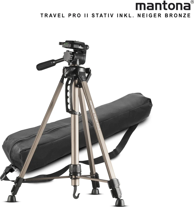 Trépied Aluminium Léger Mantona Travel Pro II - Hauteur 55-146cm, Charge 3kg, 1,07kg - Avec Sac, Plaque Rapide