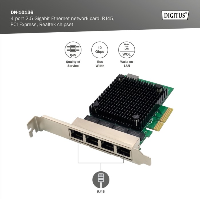Digitus 2.5G adapter LAN, 4x RJ-45, PCIe 2.1 x4