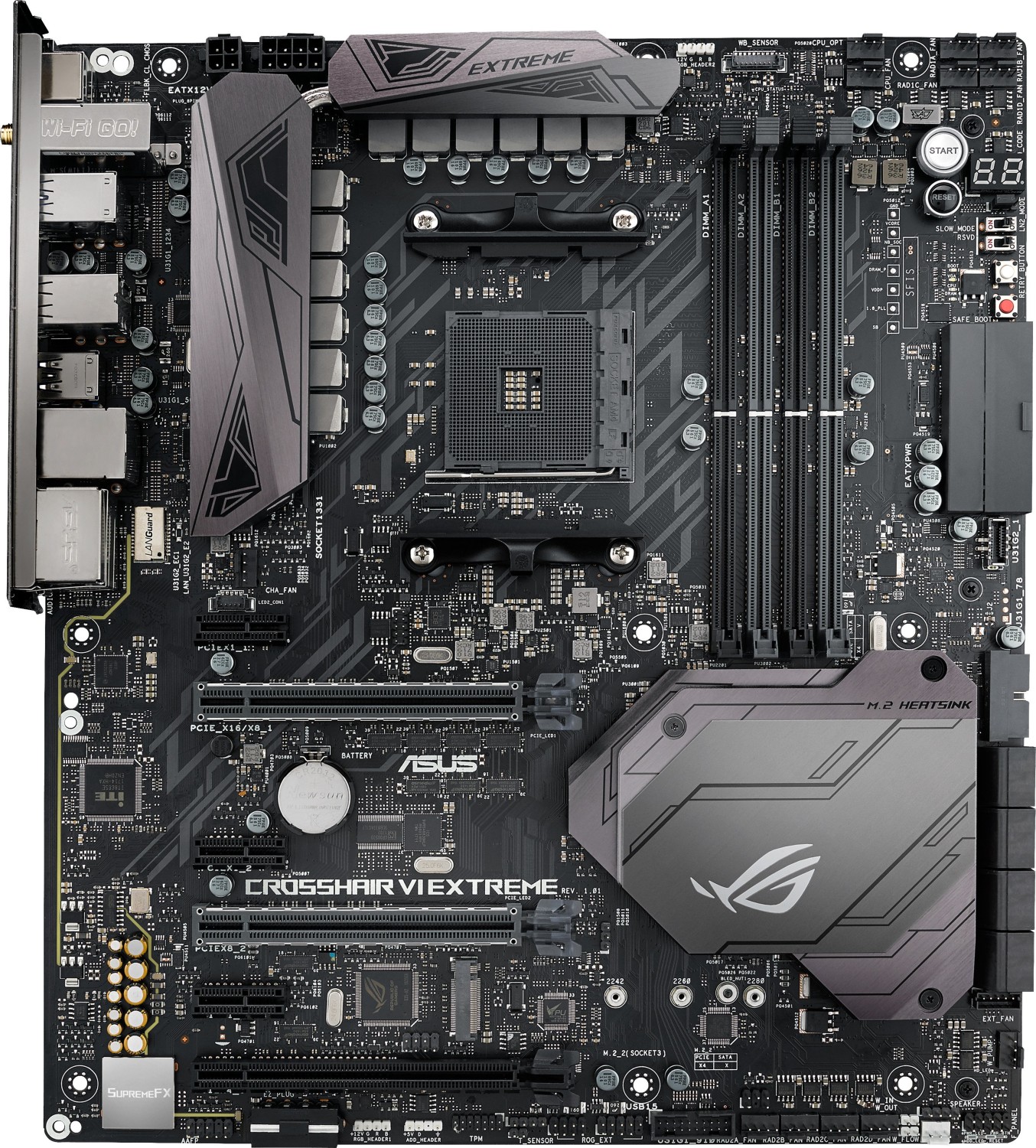 Asus ROG Crosshair VI Extreme Gaming Mainboard Sockel AM4 EATX, AMD X370, 4x DDR4-Speicher mit 3200 MHz+, Dual M.2, Aura Sync, USB3.1, 802.11ac-WLAN 
