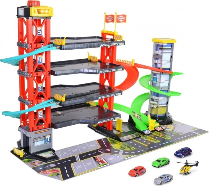Garage De Stationnement 4 étages Dickie Toys - Avec Ascenseur, 4 Voitures Et Hélico - Lumière Et Son - Jeu Enfant 3+