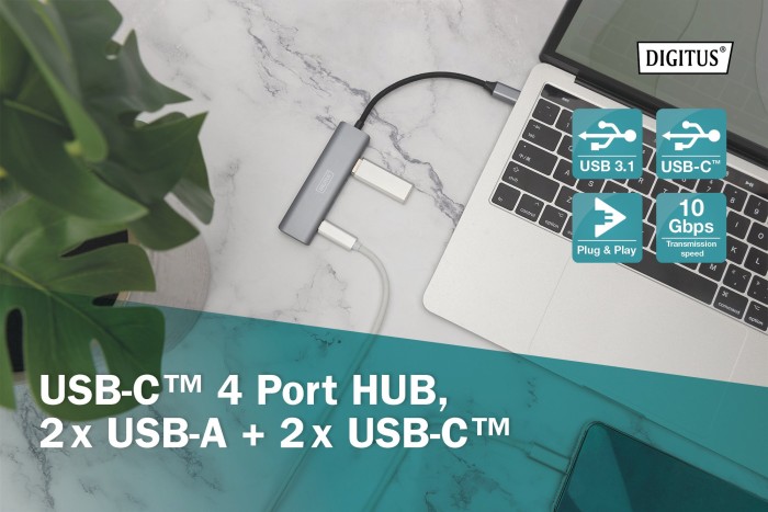 Digitus USB-C hub, 2x USB-C 3.1, 2x USB-A 3.1, USB-C 3.1 [wtyczka]