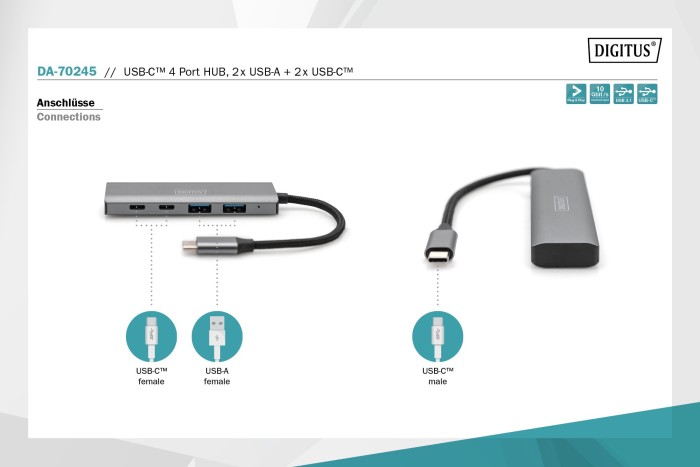 Digitus USB-C hub, 2x USB-C 3.1, 2x USB-A 3.1, USB-C 3.1 [wtyczka]