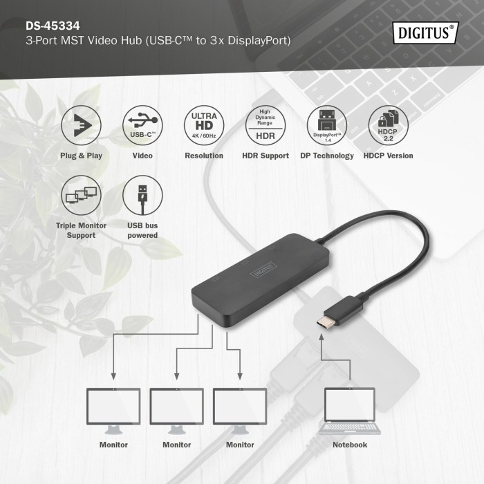 Digitus 3-Port MST Video Hub, USB-C [Stecker]