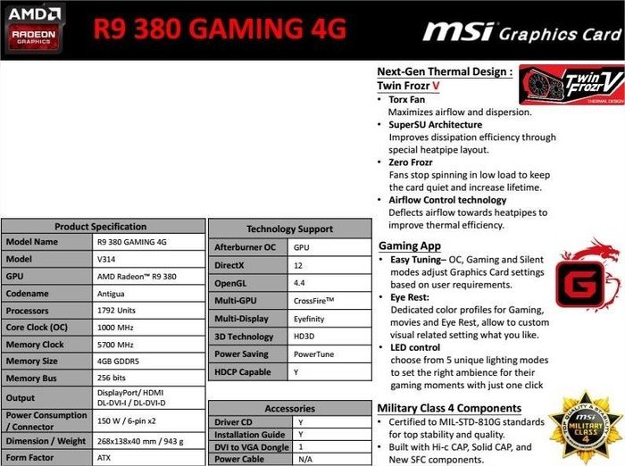 MSI Radeon R9 380, R9 380 Gaming 4G, 4GB GDDR5, 2x DVI, HDMI, DP