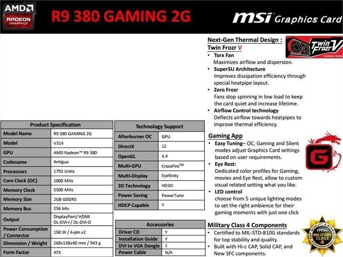 MSI Radeon R9 380, R9 380 Gaming 2G, 2GB GDDR5, 2x DVI, HDMI, DP