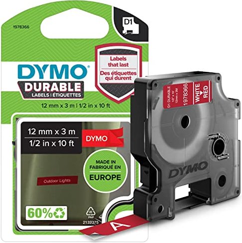 Dymo D1 Durable Beschriftungsband 12mm, weiß/rot
