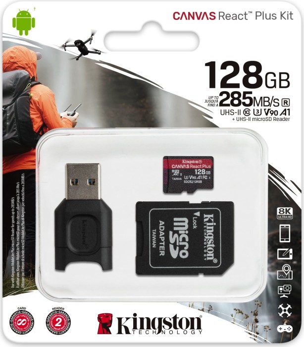 Kingston Canvas React Plus R285/W165 microSDXC 128GB Kit, UHS-II U3, A1, Class 10