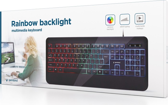 Gembird Slim Rainbow Backlight Multimedia keyboard, czarny, USB, US