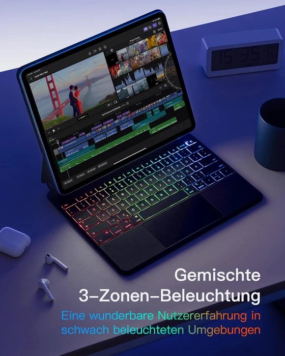 KBCASE Magic Keyboard Hülle Für IPad Air 11" M3/M2 & IPad Pro 11" – Mit Trackpad, 7-Farben-Backlight, UK-Layout
