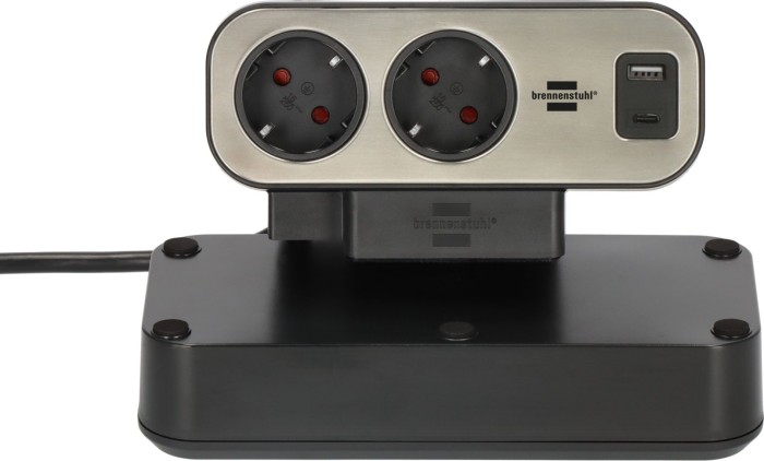Brennenstuhl estilo Duplex listwa zasilająca stołowa z przełącznikiem i filtr przeciwprzepięciowy, 9-krotny, 1x USB-A/1x USB-C, 2m, srebrny/czarny