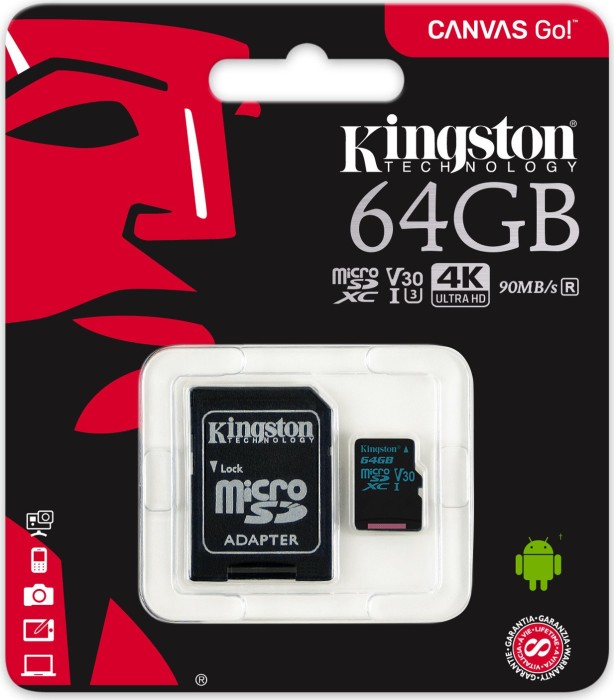 Kingston Canvas Go! R90/W45 microSDXC 64GB Kit, UHS-I U3, Class 10
