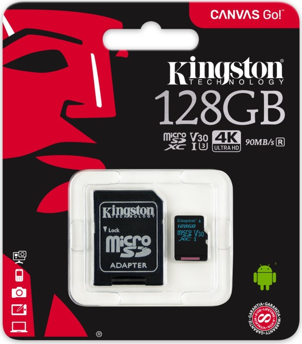 Kingston Canvas Go! R90/W45 microSDXC 128GB Kit, UHS-I U3, Class 10