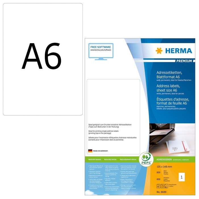 Herma etykiety Premium, A6, biały, matowy, 800 arkuszy