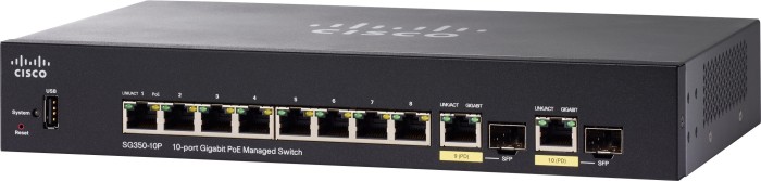 Cisco SG350 Desktop Gigabit Managed switch, 8x RJ-45, 2x RJ-45/SFP, 62W UPoE