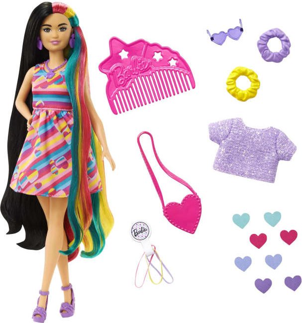 Mattel - Barbie Totally Hair Puppe (schwarze Haare) im Herzchen-Print Kleid (HCM90)