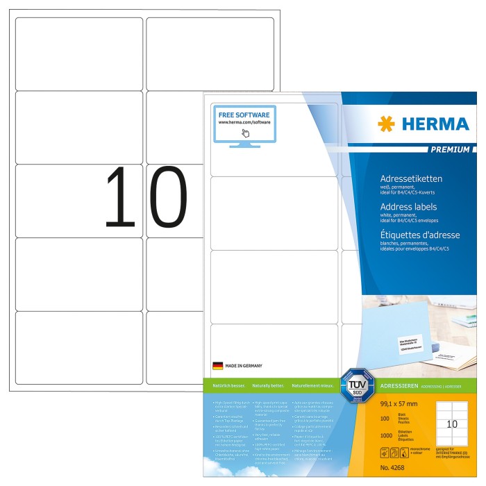 Herma etykiety Premium, 99.1x57mm, biały, matowy, 100 arkuszy