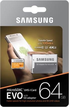 Samsung EVO R100 microSDXC 64GB Kit, UHS-I U3, Class 10