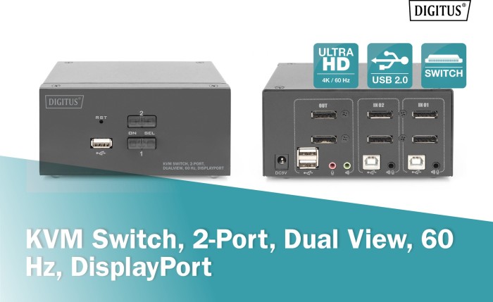 Digitus KVM-Switch, 2-Port, Dual-Display, 4K, DisplayPort, 2-fach KVM-Switch