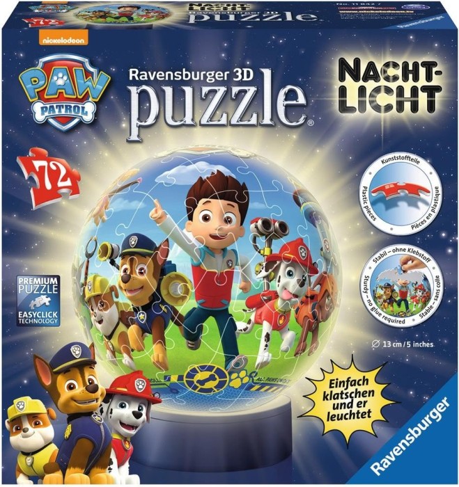 Ravensburger 3D Puzzle Paw Patrol Puzzle-Ball Nachtlicht Kinderpuzzle 72 Teile 