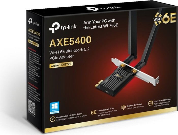 TP-Link AXE5400, 2.4GHz/5GHz/6GHz WLAN, Bluetooth 5.3, PCIe x1