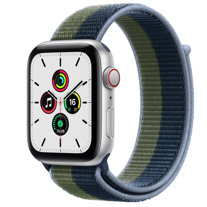 Apple Watch SE (GPS + Cellular) 44mm silber mit Sport Loop abyssblau/moosgrün