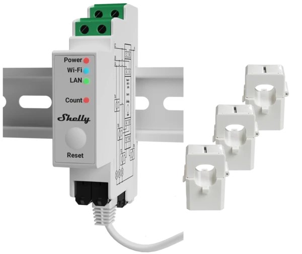 Shelly Pro 3EM, DIN-Schienen-Stromverbrauchsmessgerät, 3-Phasen, 120A, Strommesssensor