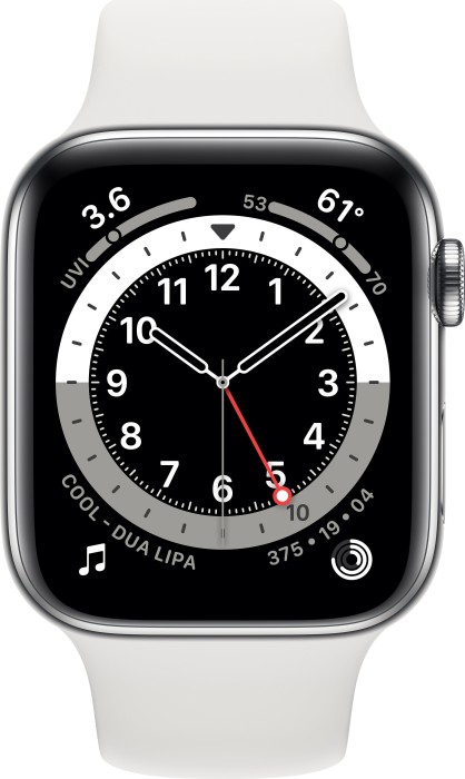 Apple Watch Series 6 (GPS + Cellular) 44mm Edelstahl silber mit Sportarmband weiß