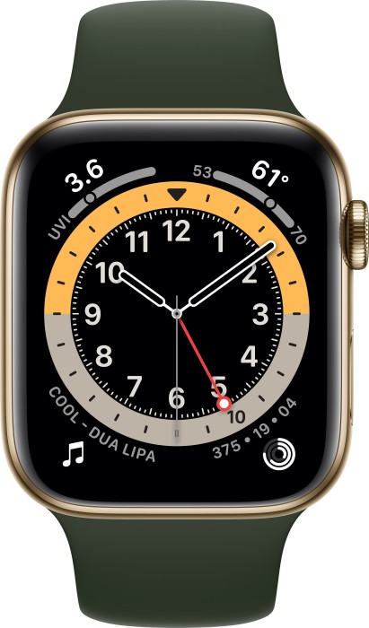 Apple Watch Series 6 (GPS + Cellular) 44mm Edelstahl gold mit Sportarmband zyperngrün