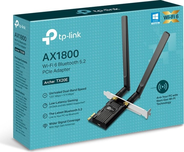 TP-Link AX1800, 2.4GHz/5GHz WLAN, Bluetooth 5.2, PCIe x1