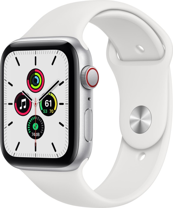 Apple Watch SE (GPS + Cellular) 44mm silber mit Sportarmband weiß