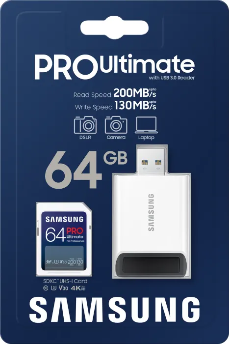 Samsung PRO Ultimate R200/W130 SDXC 64GB USB-zestaw, UHS-I U3, Class 10