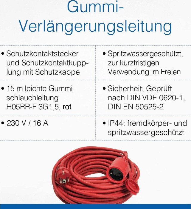 as-Schwabe leichtes guma kabel przedłużający IP44 czerwony, H05RR-F 3G1.5, 15m