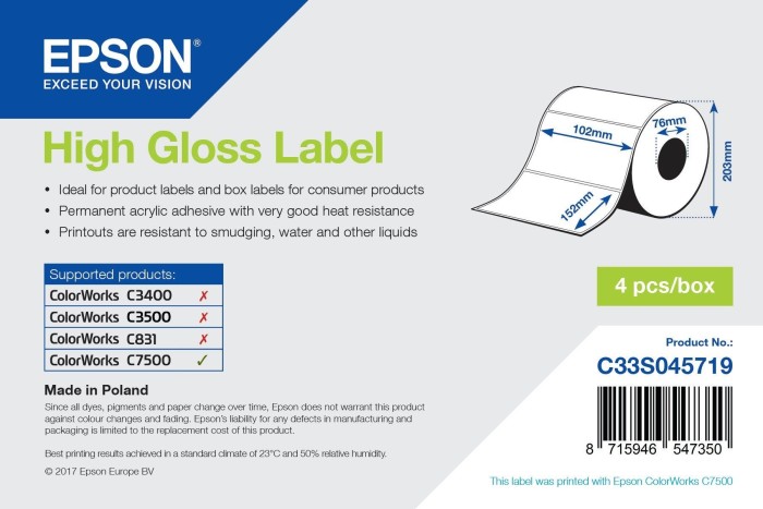 Epson Endlosetiketten Die-Cut High Gloss, 102x51mm, weiß, hochglänzend, 1 Rolle