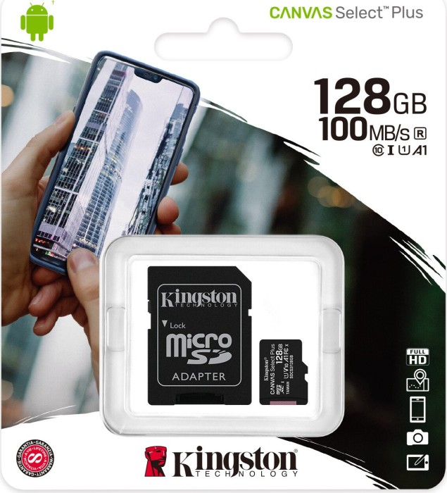 Kingston Canvas Select Plus R100 microSDXC 128GB Kit, UHS-I U1, A1, Class 10