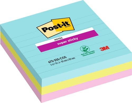 3M Post-it Super Sticky 675-3SSMIA Dekorativer Aufkleber Papier Blau – Pink – Gelb Entfernbar 3 Stück(e) (675-S3M)